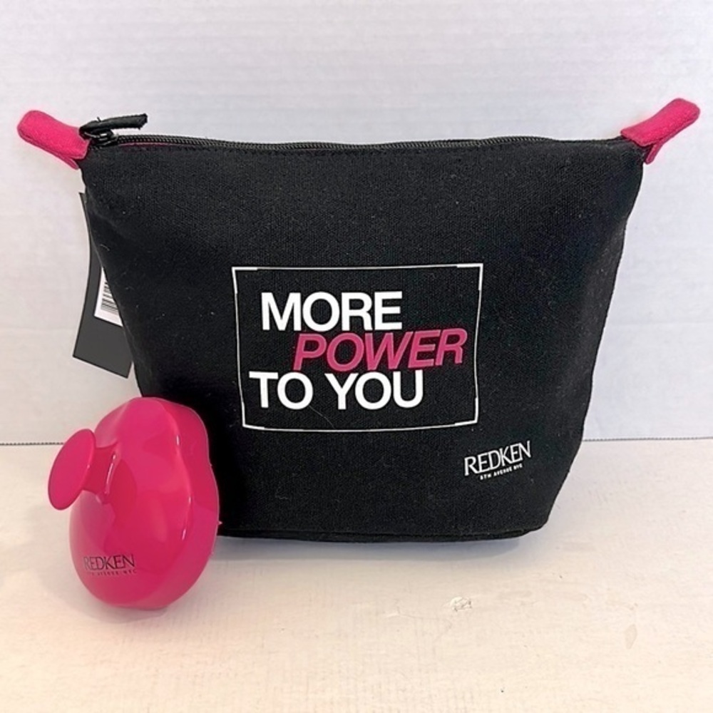 Redken Black and Pink Cosmetic Bag with matching hair and scalp massager NWT